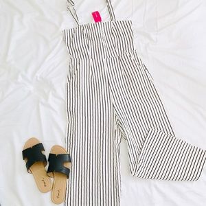 Love Culture Jumpsuit Women size Medium Beige Stripe Overall Long Pant Romper